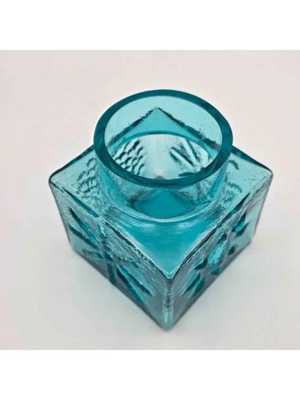 MCM Dartington Blue Glass Cube Vase Embossed Sunburst Design Textured Finish